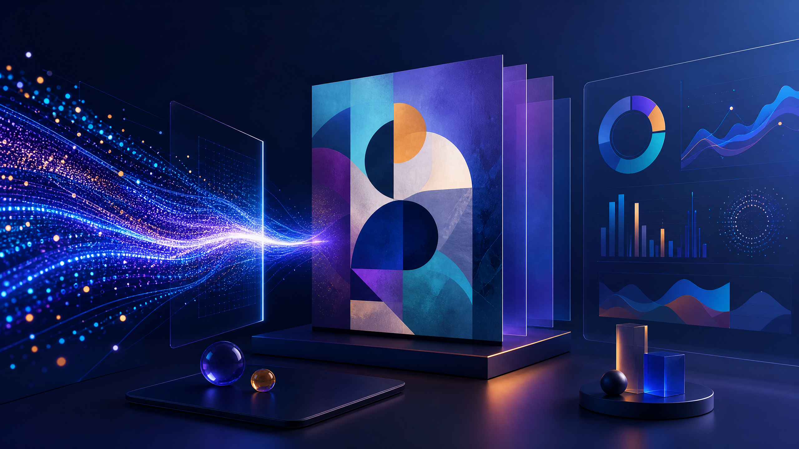 Abstract editorial illustration of fast AI inference, image generation, and marketing analytics flowing through a connected creative workspace