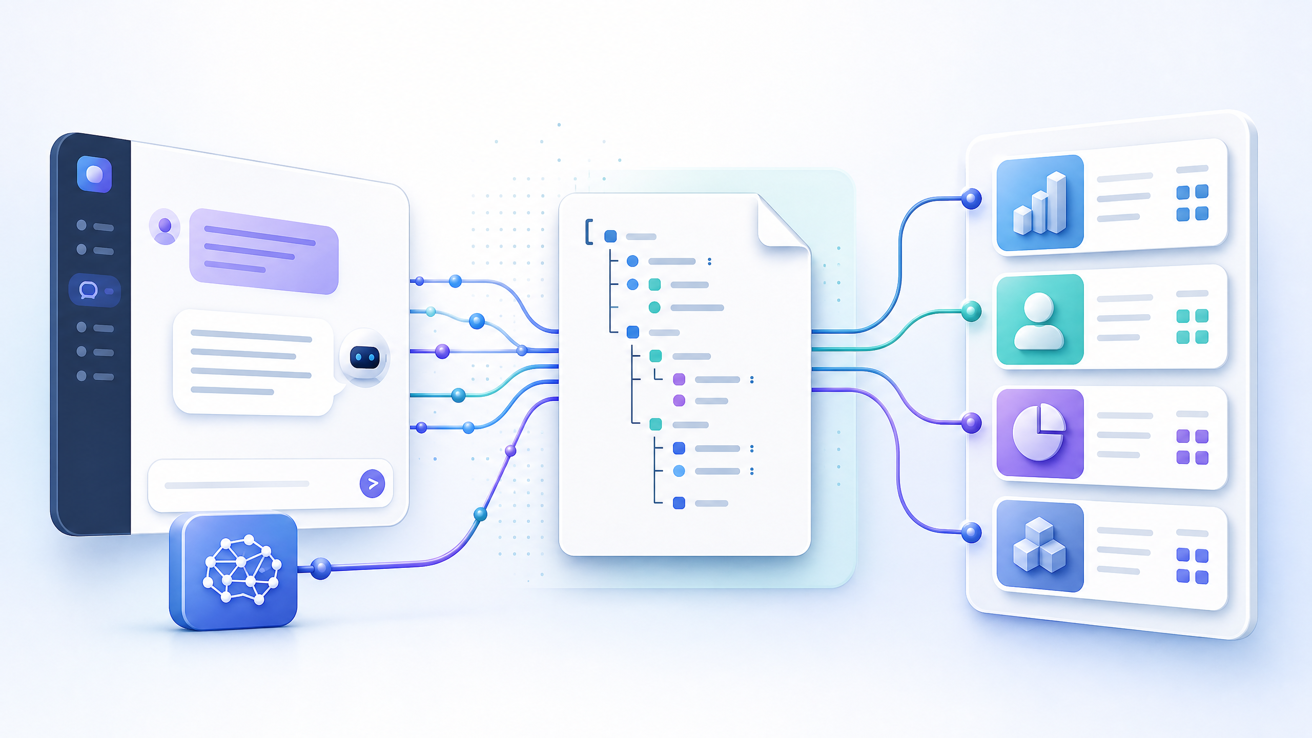 Abstract flow diagram representing structured AI outputs, JSON Schema, and reliable application data